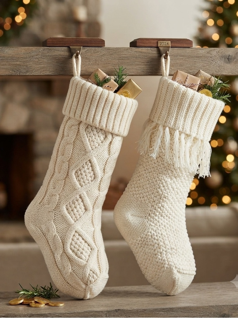 2 New Cream Knit Christmas Stockings